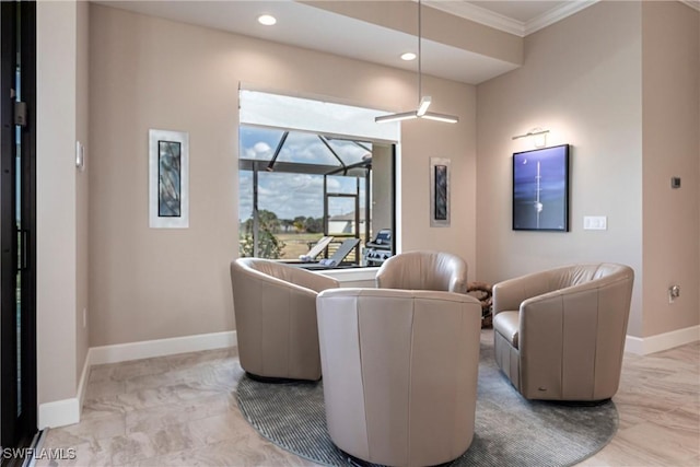 17122 Barcrest Ln, Punta Gorda, FL 33955 - living room with marble finish floor, baseboards, crown molding, and recessed lighting