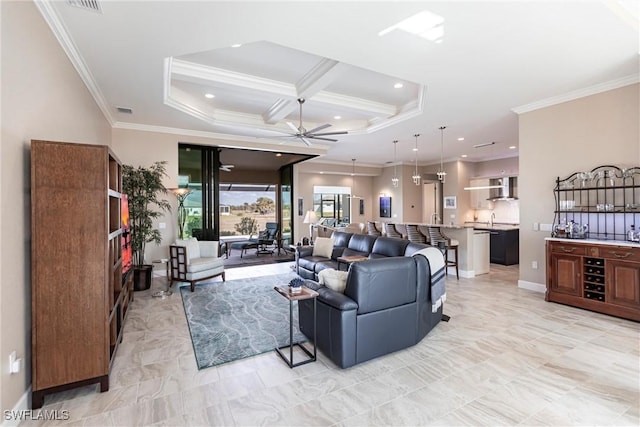 17122 Barcrest Ln, Punta Gorda, FL 33955 - living room with recessed lighting, ornamental molding, a ceiling fan, coffered ceiling, and baseboards
