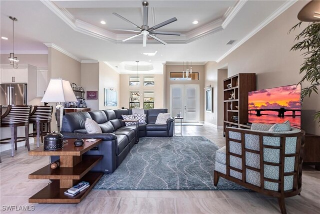 17122 Barcrest Ln, Punta Gorda, FL 33955 - living area with visible vents, a ceiling fan, ornamental molding, a tray ceiling, and recessed lighting