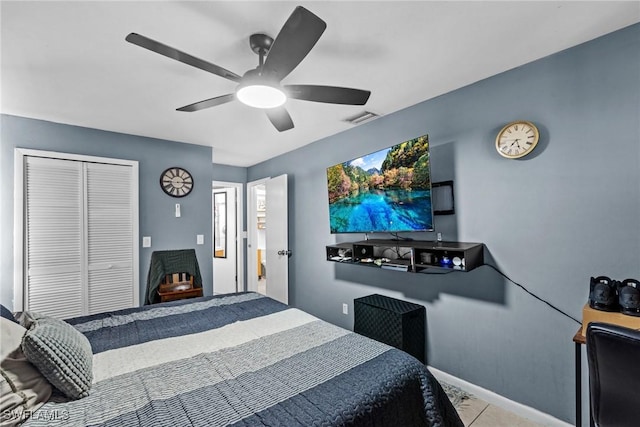 bedroom featuring a ceiling fan, a closet, visible vents, and baseboards