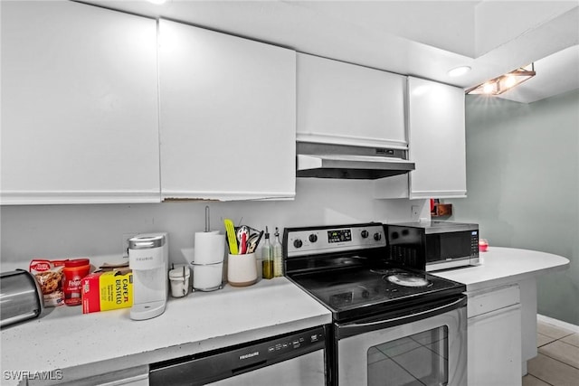 kitchen featuring stainless steel appliances, light countertops, white cabinetry, and under cabinet range hood