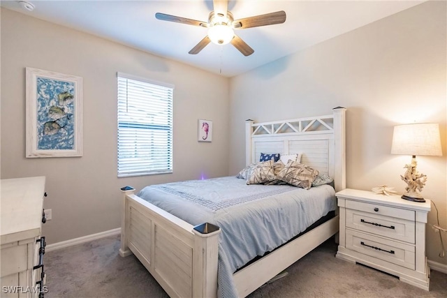 bedroom with light carpet and ceiling fan