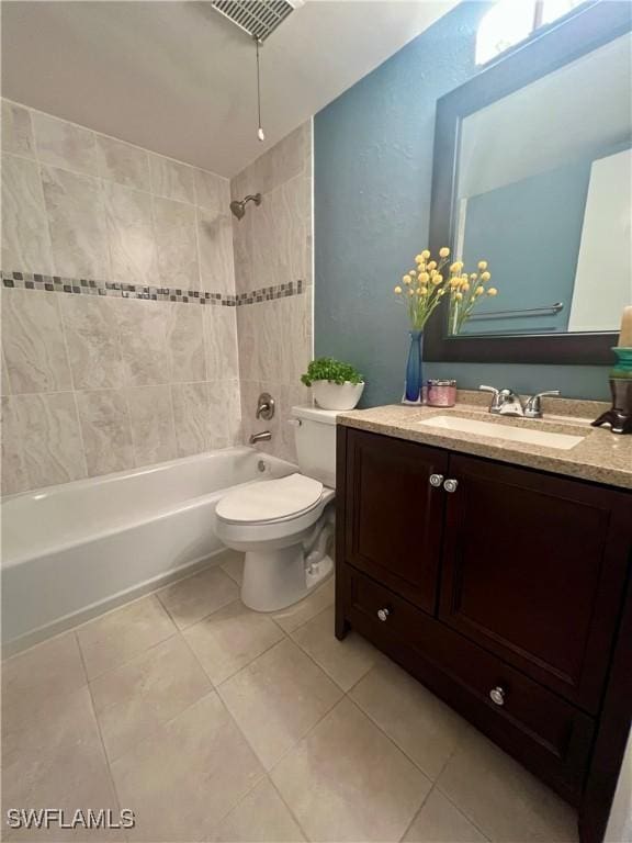 full bathroom with shower / washtub combination, tile patterned flooring, visible vents, and toilet