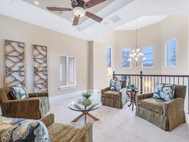 28732 La Caille Dr, Naples, FL 34119 - living room featuring carpet flooring, baseboards, ceiling fan with notable chandelier, visible vents, and recessed lighting