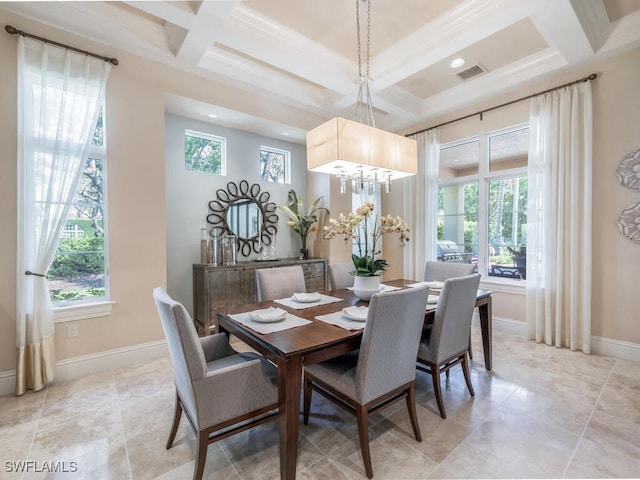 28732 La Caille Dr, Naples, FL 34119 - dining space featuring an inviting chandelier, coffered ceiling, baseboards, and beamed ceiling