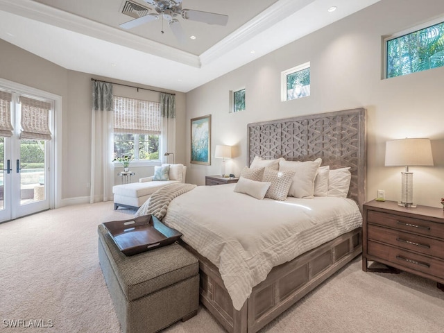 28732 La Caille Dr, Naples, FL 34119 - bedroom featuring visible vents, access to outside, recessed lighting, a raised ceiling, and light colored carpet