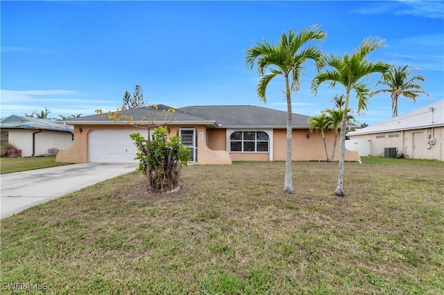 ranch-style house featuring a front lawn, concrete driveway, an attached garage, and central AC unit