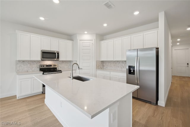 kitchen with appliances with stainless steel finishes, sink, a center island with sink, and white cabinets