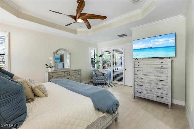 bedroom with access to exterior, a raised ceiling, ornamental molding, ceiling fan, and baseboards