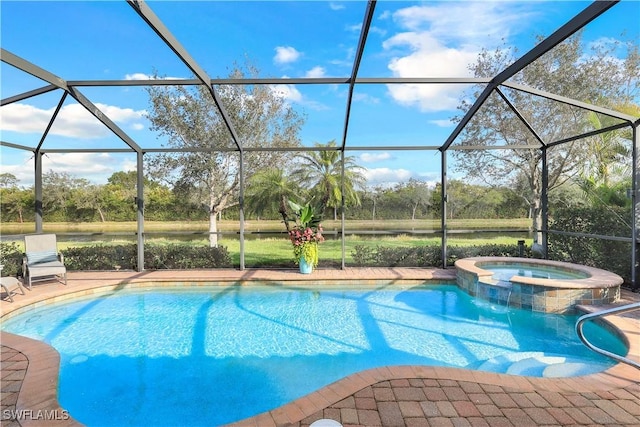 view of swimming pool featuring glass enclosure, a pool with connected hot tub, a water view, and a patio