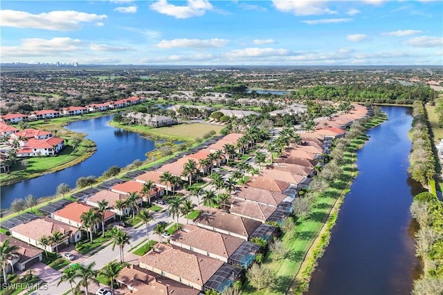 aerial view featuring a water view and a residential view