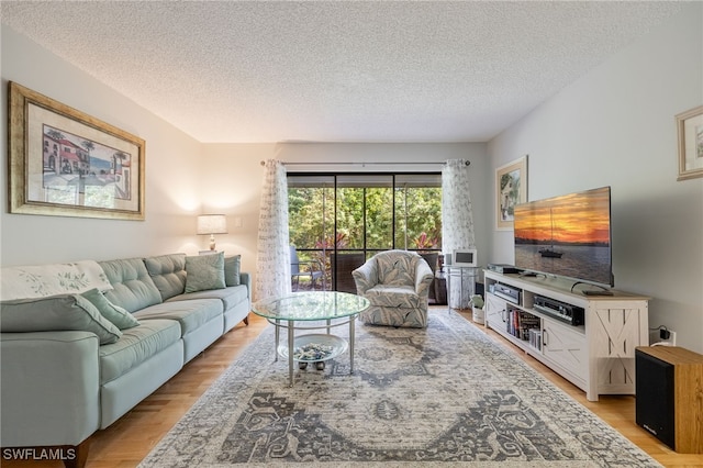 living room featuring light hardwood / wood-style flooring and a textured ceiling