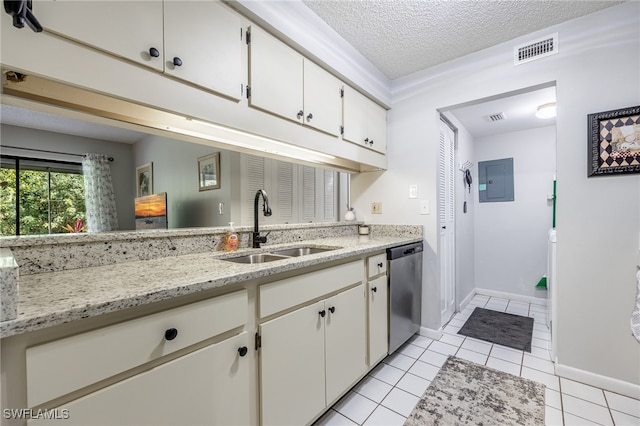 kitchen with sink, a textured ceiling, electric panel, dishwasher, and white cabinets