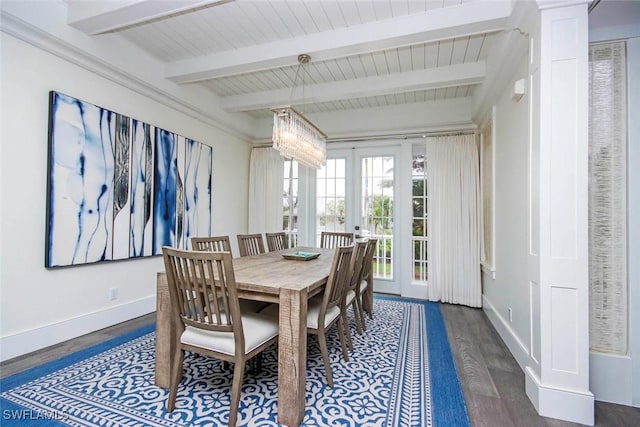 dining space featuring dark hardwood / wood-style floors, beam ceiling, and french doors