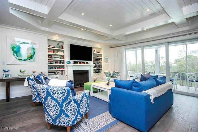 living room featuring dark wood-type flooring, coffered ceiling, built in shelves, and beam ceiling