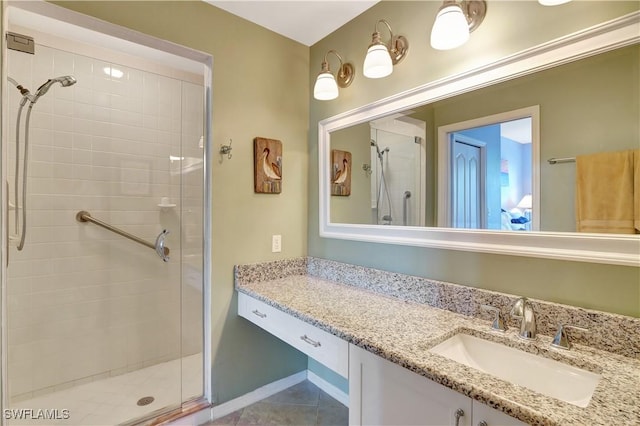 bathroom featuring a stall shower, tile patterned flooring, and vanity