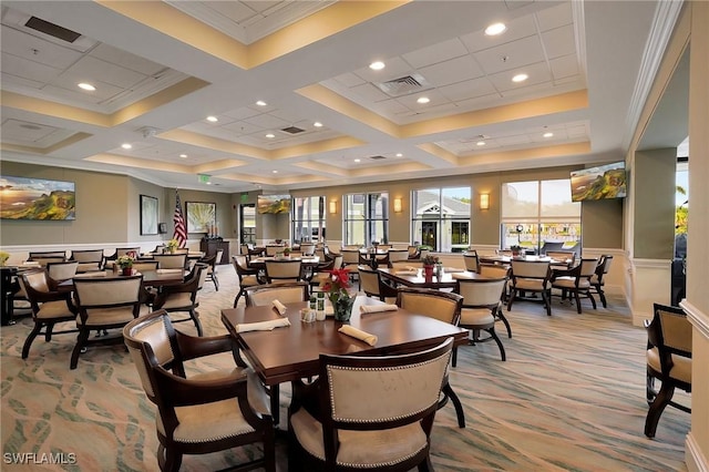 dining space featuring light carpet, coffered ceiling, visible vents, and crown molding