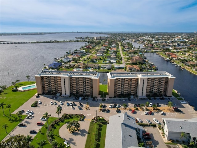 drone / aerial view with a water view