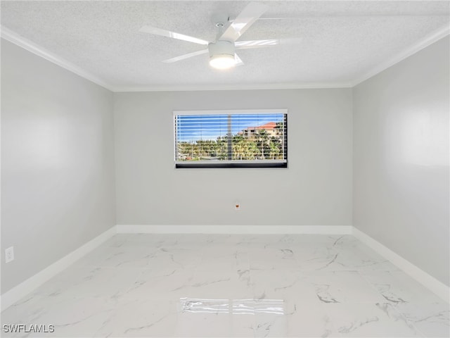 empty room featuring ceiling fan, ornamental molding, and a textured ceiling