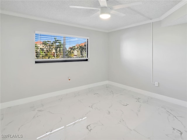 empty room featuring a textured ceiling, ornamental molding, and ceiling fan