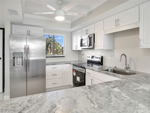 kitchen with a tray ceiling, sink, stainless steel appliances, and white cabinets