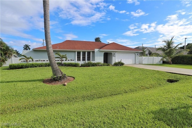 single story home with a garage and a front lawn