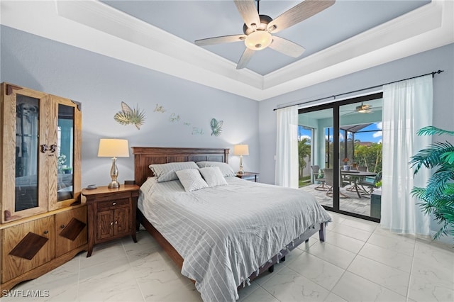 142 SW 35th Ave, Cape Coral, FL 33991 - bedroom featuring ceiling fan, ornamental molding, a tray ceiling, and access to exterior