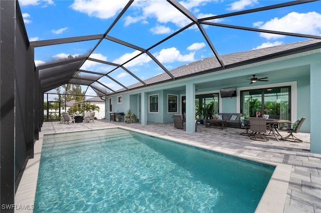 142 SW 35th Ave, Cape Coral, FL 33991 - view of pool featuring an outdoor hangout area, a patio area, ceiling fan, and glass enclosure