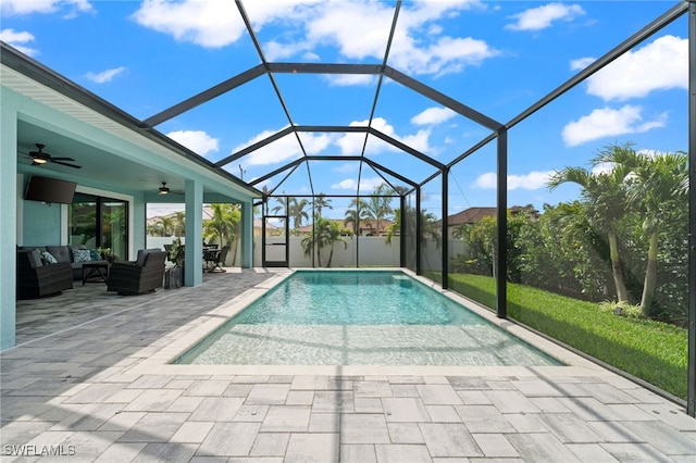 142 SW 35th Ave, Cape Coral, FL 33991 - view of swimming pool with a patio, outdoor lounge area, ceiling fan, and glass enclosure