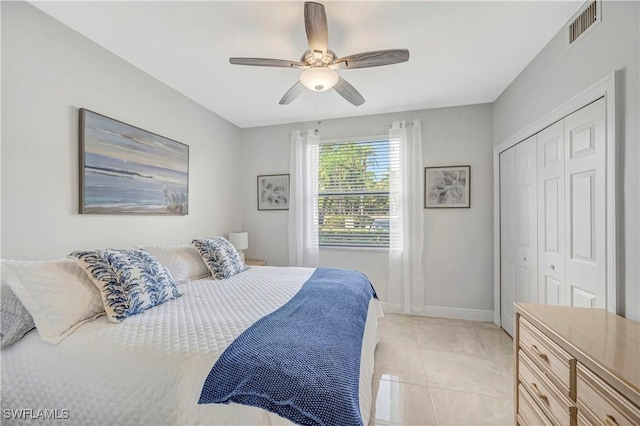 tiled bedroom featuring ceiling fan and a closet