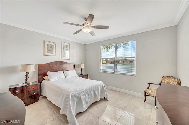 bedroom with crown molding and ceiling fan