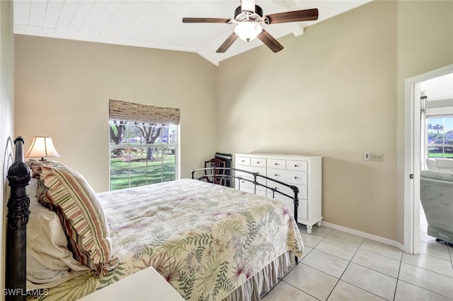14899 Crescent Cove Dr, Fort Myers, FL 33908 - bedroom featuring lofted ceiling, access to outside, baseboards, light tile patterned floors, and ceiling fan