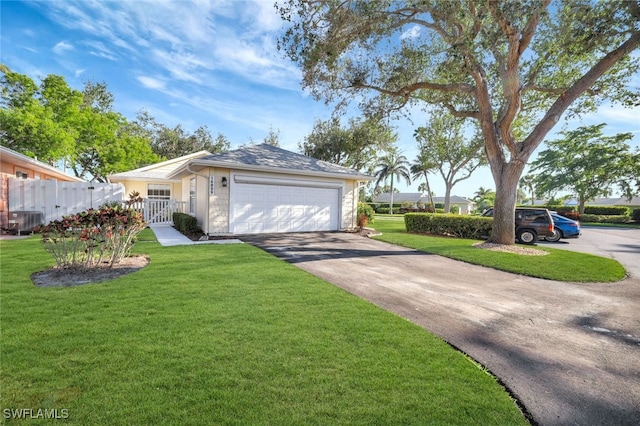 view of front of home with a front yard, a garage, and central AC unit