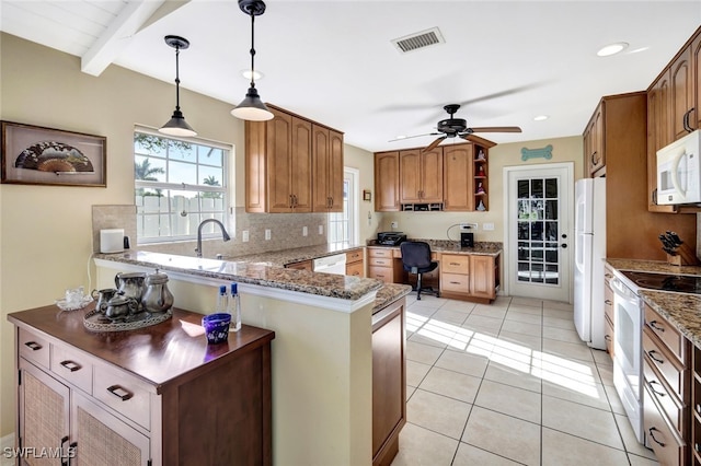 14899 Crescent Cove Dr, Fort Myers, FL 33908 - kitchen featuring white appliances, a peninsula, open shelves, ceiling fan, and decorative backsplash