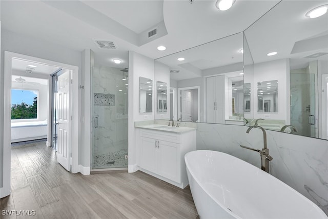 bathroom featuring vanity and plus walk in shower