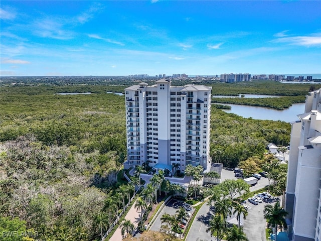 bird's eye view with a water view