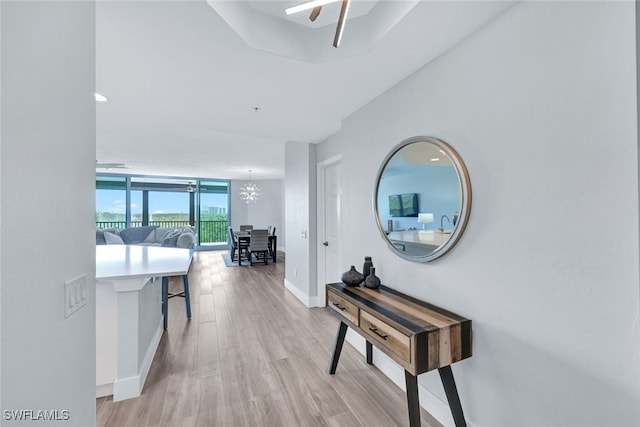 corridor with light hardwood / wood-style flooring and floor to ceiling windows