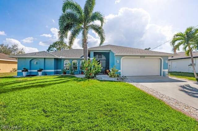 ranch-style home featuring a garage and a front yard