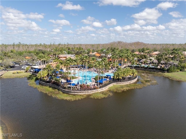 birds eye view of property with a water view