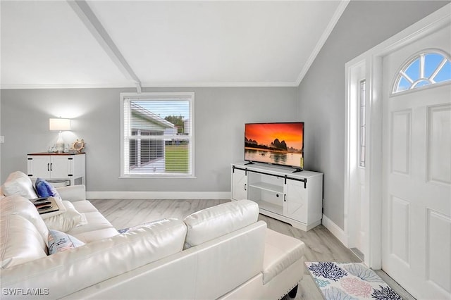 living room featuring crown molding and light hardwood / wood-style flooring