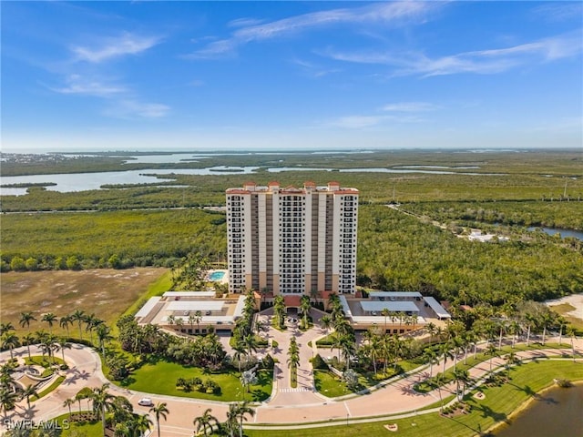 drone / aerial view with a water view