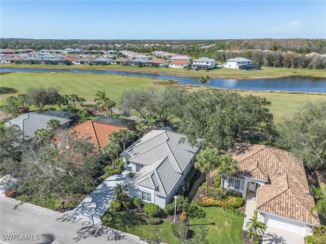 drone / aerial view featuring a water view