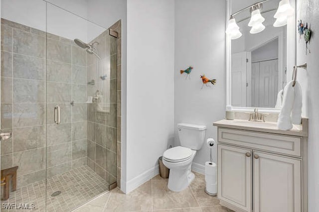 bathroom featuring vanity, tile patterned floors, toilet, and walk in shower