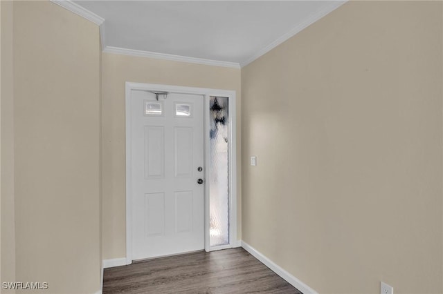 entrance foyer with crown molding and dark hardwood / wood-style floors