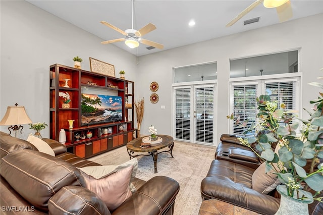 living room featuring ceiling fan