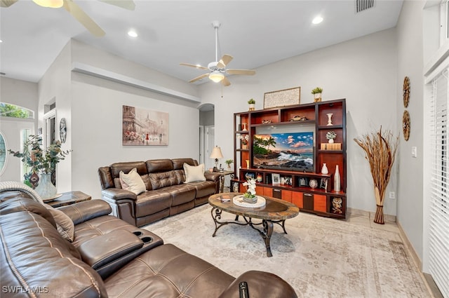 living room with ceiling fan