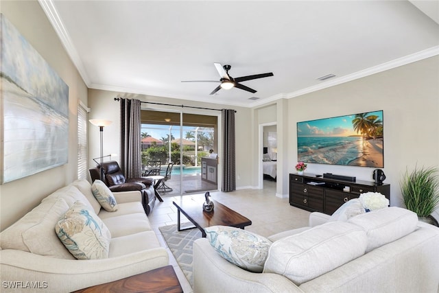 tiled living room featuring ornamental molding and ceiling fan