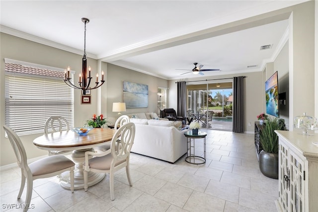 14558 Manchester Dr, Naples, FL 34114 - tiled dining area featuring ornamental molding and ceiling fan with notable chandelier