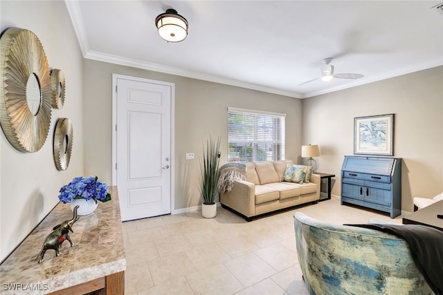 14558 Manchester Dr, Naples, FL 34114 - tiled living room with crown molding and ceiling fan