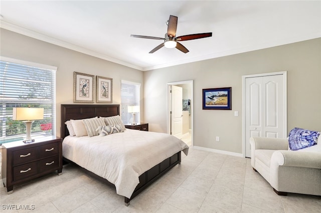 14558 Manchester Dr, Naples, FL 34114 - tiled bedroom featuring multiple windows, ornamental molding, ensuite bathroom, and ceiling fan